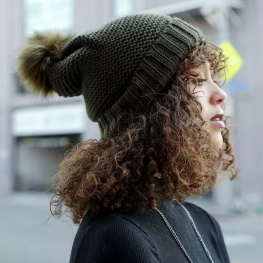 SOLD OUT Olive Pom Faux Sherpa Lined Knit Beanie - Picture 3 of 4